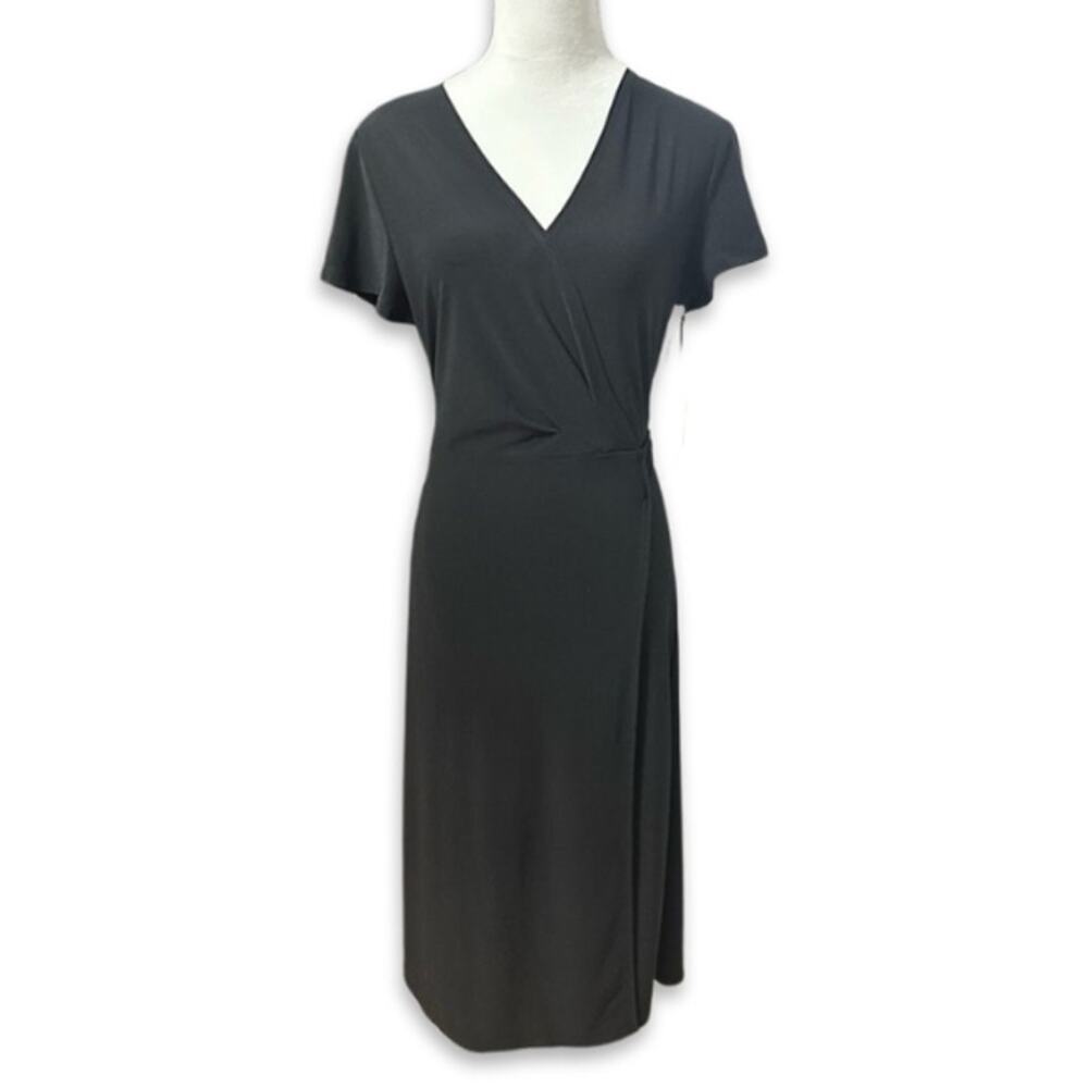 Halogen Belted Wrap Dress Midi Length Short Sleeves V-Neckline Black W Small NWT